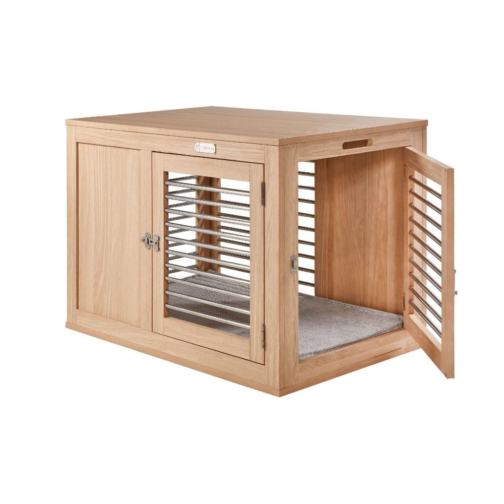 Bowsers Moderno Double Door Wooden Dog Crate White Oak Cabinetry Finish