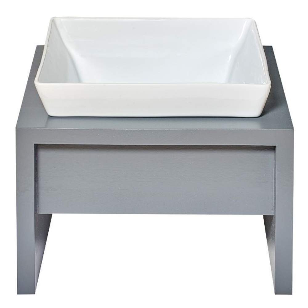 Bowsers Moderno Single Wood Feeder is displayed from the back with a white ceramic bowl on a grey wooden stand
