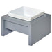 Bowsers Moderno Single Wood Feeder is presented from an angled view with a rectangular white ceramic bowl and a grey wooden platform