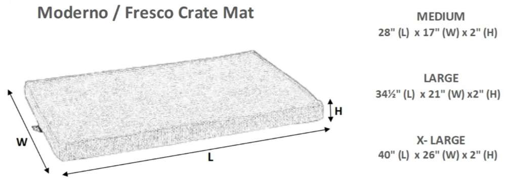 Bowsers Moderno & Fresco Dog Crate Mat size guide shows medium, large, and extra-large dimensions with a slim 2-inch thick padded design