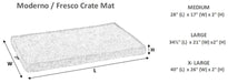 Bowsers Moderno & Fresco Dog Crate Mat size guide shows medium, large, and extra-large dimensions with a slim 2-inch thick padded design