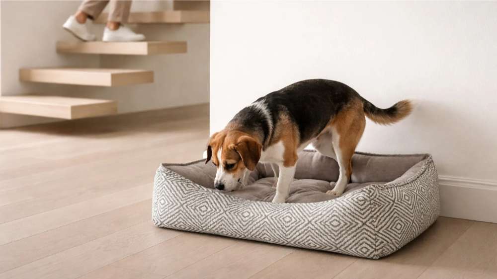 Bowsers One Of A Kind Scoop Dog Bed shows a small dog standing and sniffing inside a gray patterned bed on a wooden floor near stairs