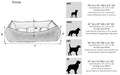 Bowsers One Of A Kind Scoop Dog Bed size chart displays dimensions and recommended dog sizes for small, medium, large, and extra-large beds