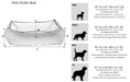 Bowsers Oslo Ortho Bed size chart shows dimensions and recommended dog breeds for small, medium, large, and extra-large orthopedic dog beds