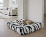 Bowsers Piazza Dog Bed in black-and-white striped faux fur shows a small dog curled up on the plush bed indoors