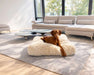 Bowsers Piazza Dog Bed in fluffy cream faux fur shows a brown dog relaxing on a soft oversized cushion