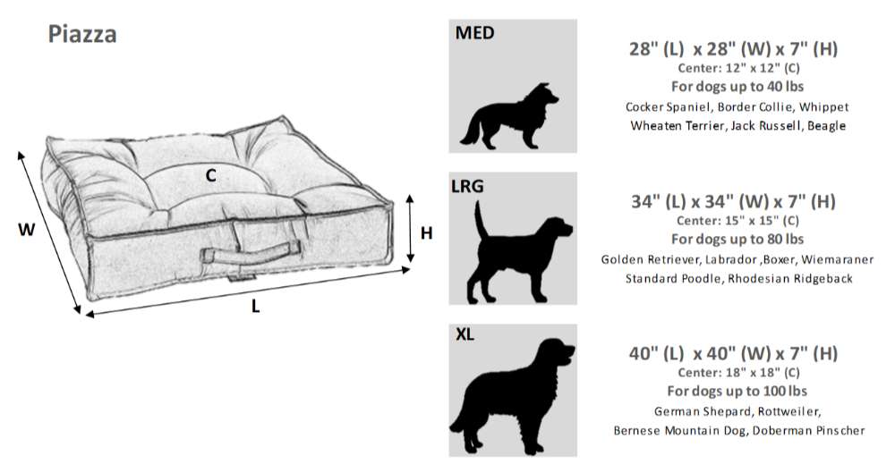 Bowsers Piazza Dog Bed size chart compares medium, large, and extra-large bed dimensions for different dog breeds
