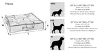 Bowsers Piazza Dog Bed size chart compares medium, large, and extra-large bed dimensions for different dog breeds