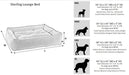 Bowsers Sterling Lounge Dog Bed size guide shows dimensions and recommended dog breeds for small, medium, large, and extra-large beds