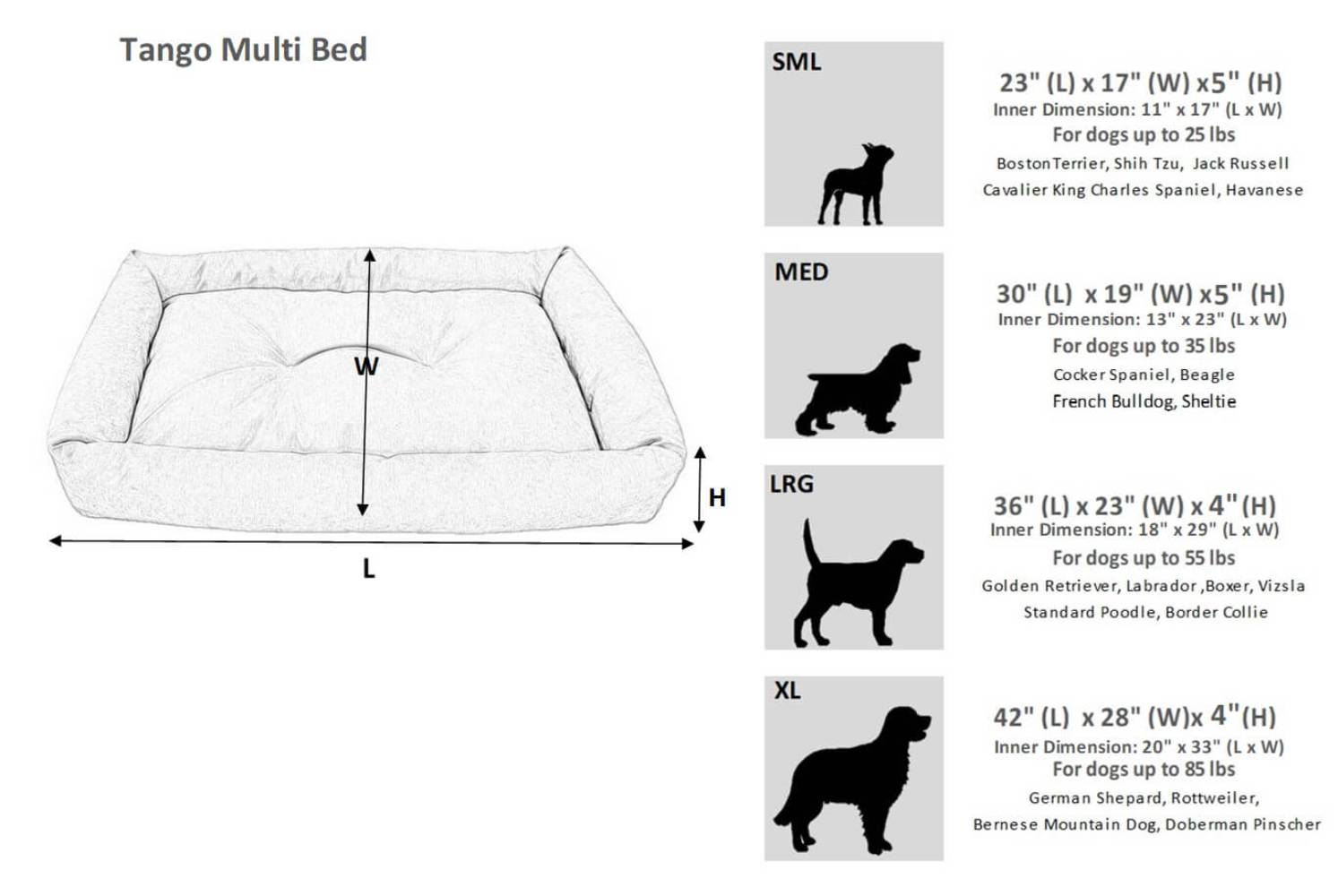 Bowsers Tango Multi Dog Bed Size Guide