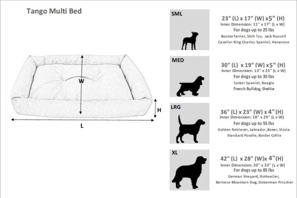 Bowsers Tango Multi Dog Bed size guide shows dimensions and recommended dog breeds for small, medium, large, and extra-large dog beds