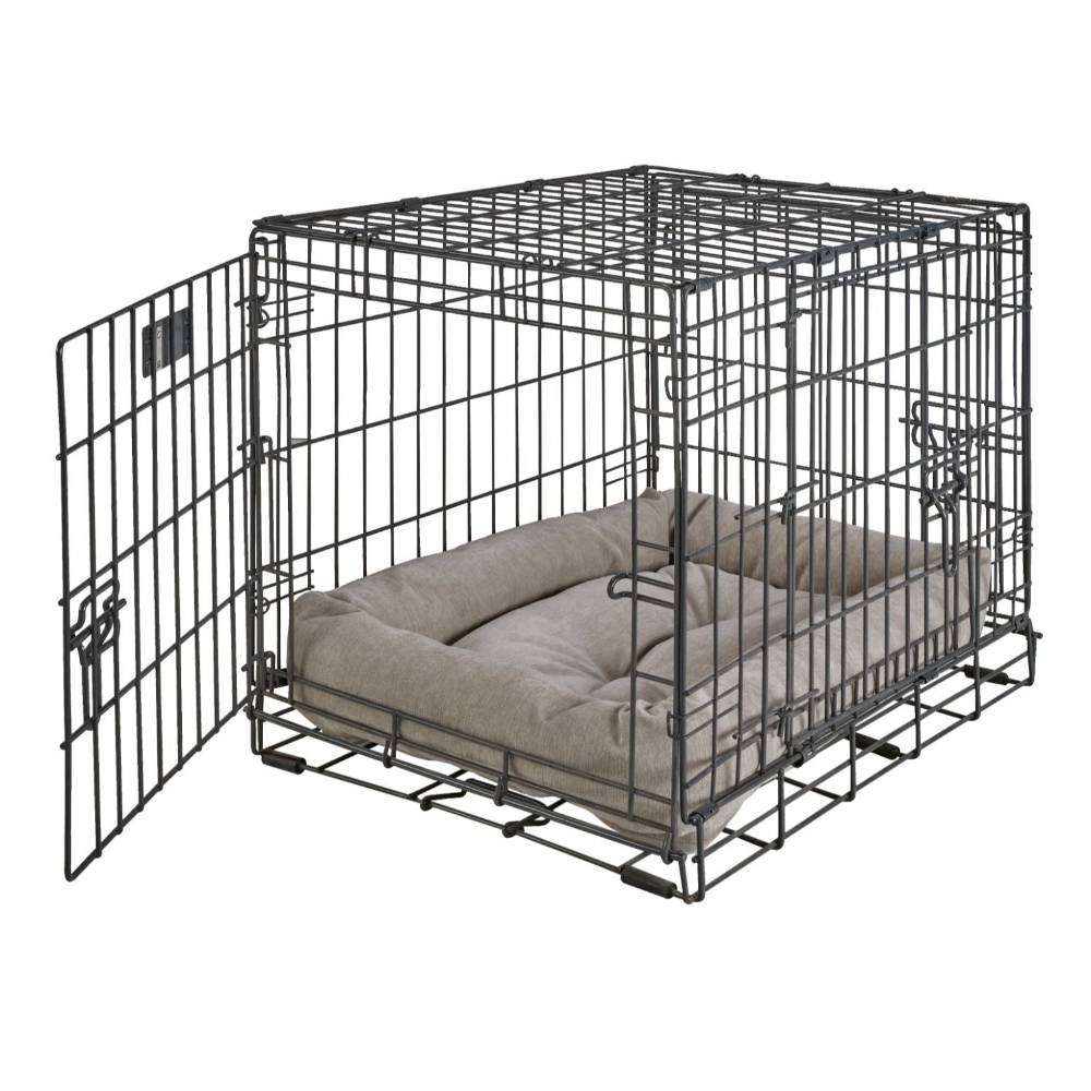 Bowsers Tango Multi Dog Bed fits neatly inside a black wire dog crate, creating a soft and supportive resting space