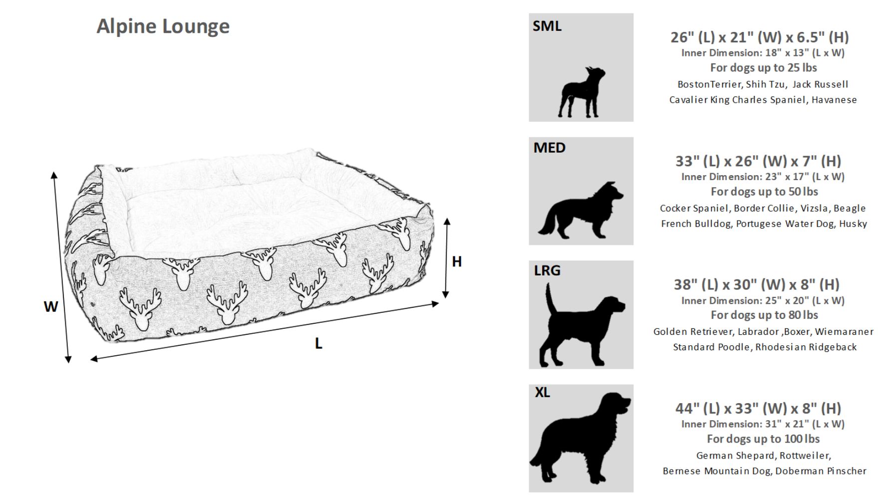 Bowsers The Alpine Lounger Dog Bed Size Guide