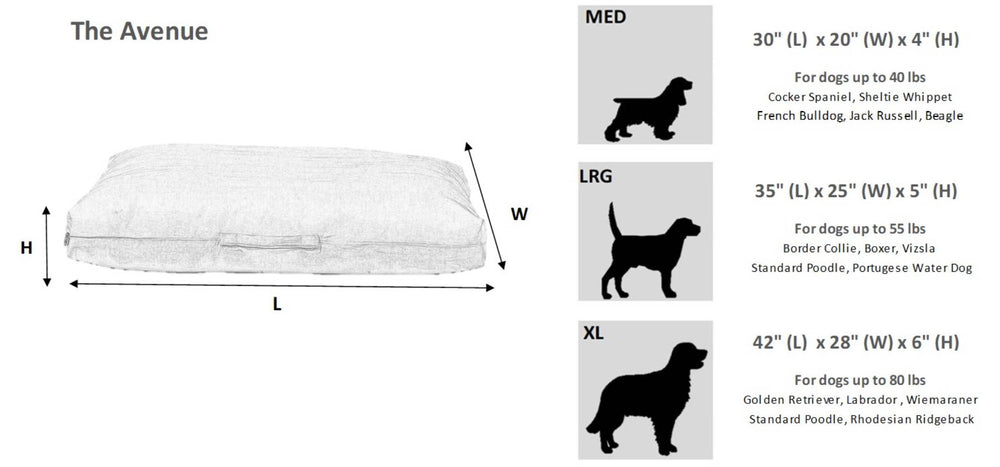 Bowsers The Avenue Dog Bed Size Chart