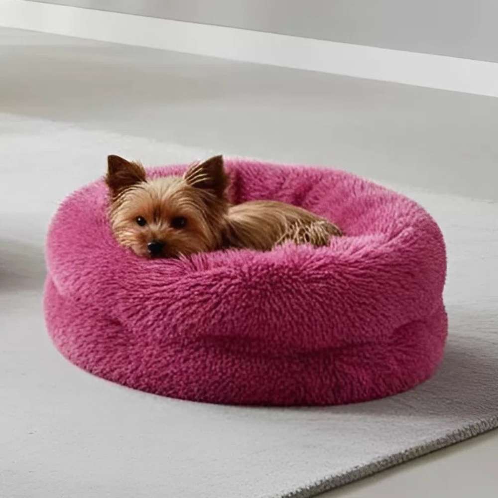 Bowsers The Muffy Dog Bed shows a small brown dog resting inside a bright pink, fluffy, round bed with raised sides on a light-colored floor