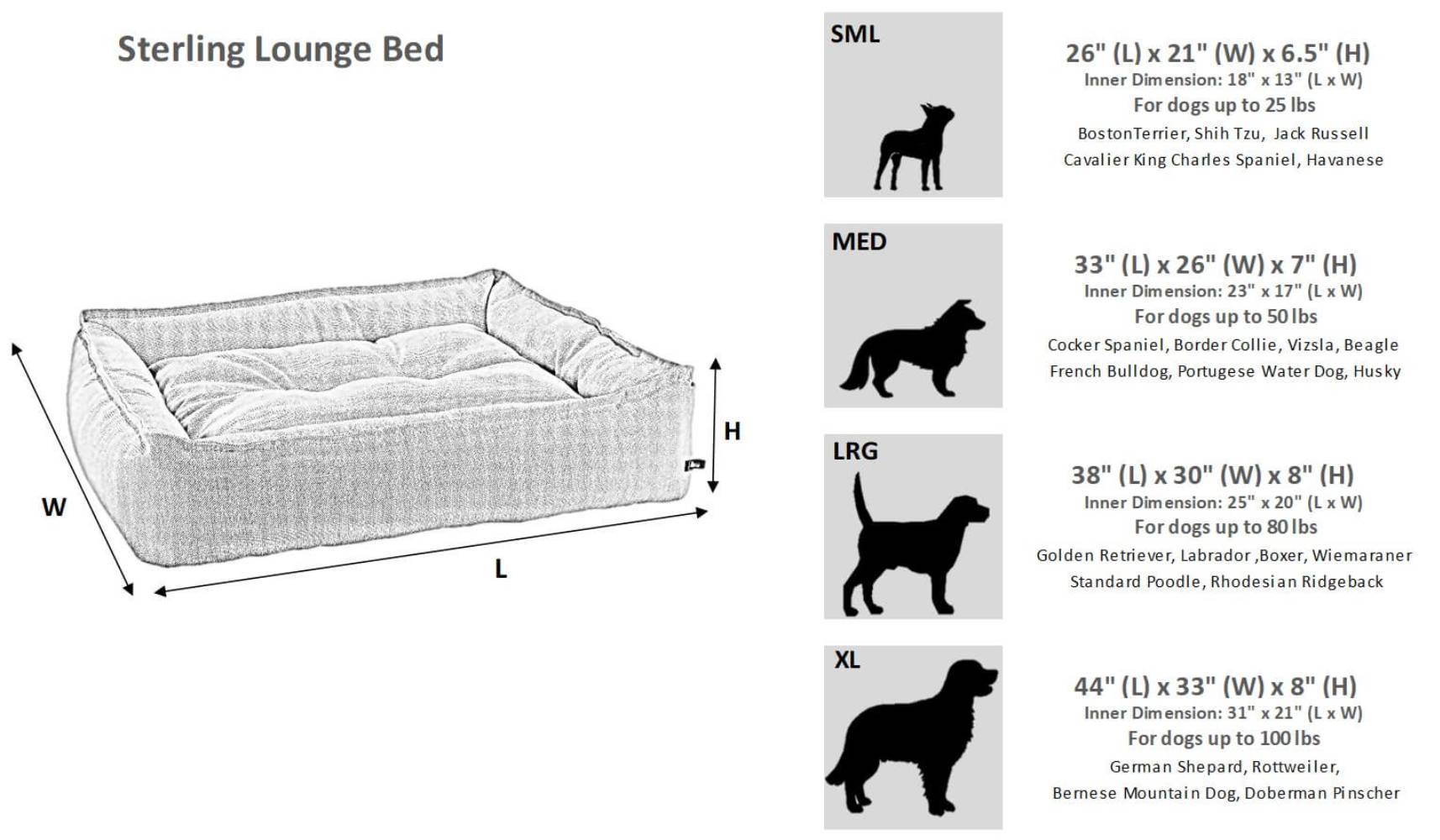 Bowsers The Streamline Sterling Lounge Dog Bed Size Guide