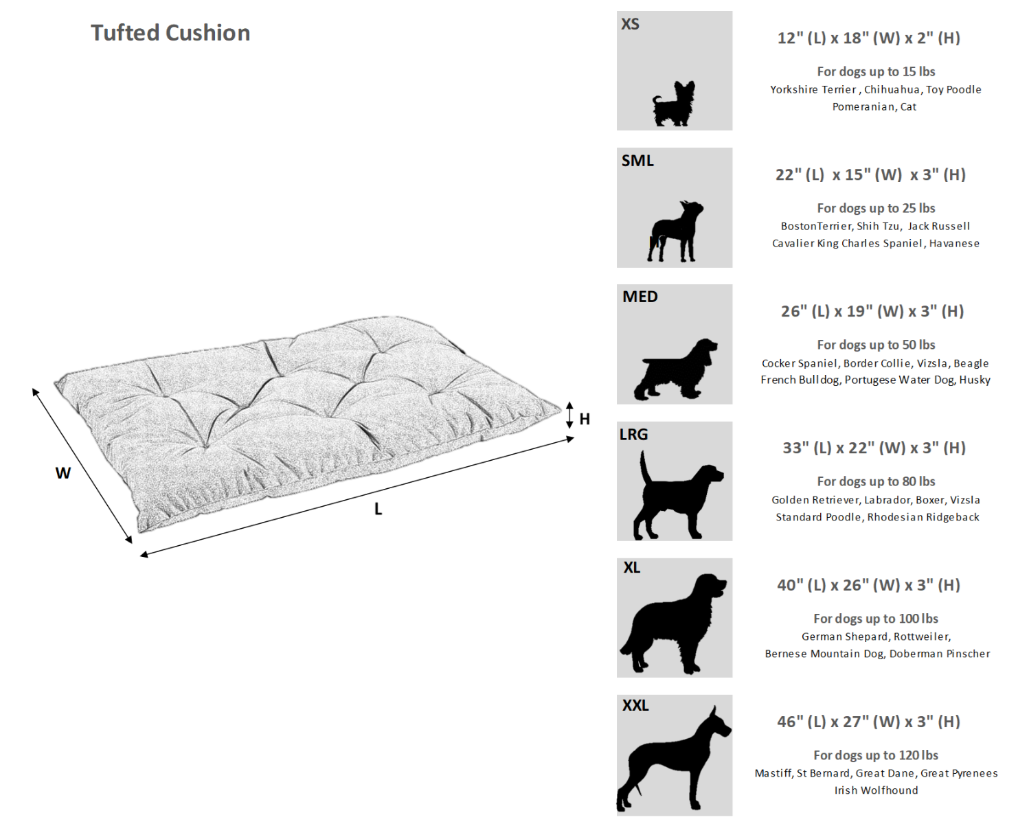 Bowsers Tufted Cushion Dog Bed Size Chart