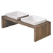 Bowsers Walnut Artisan Wood Double Feeder features a low walnut-finished wooden stand with two white square ceramic bowls
