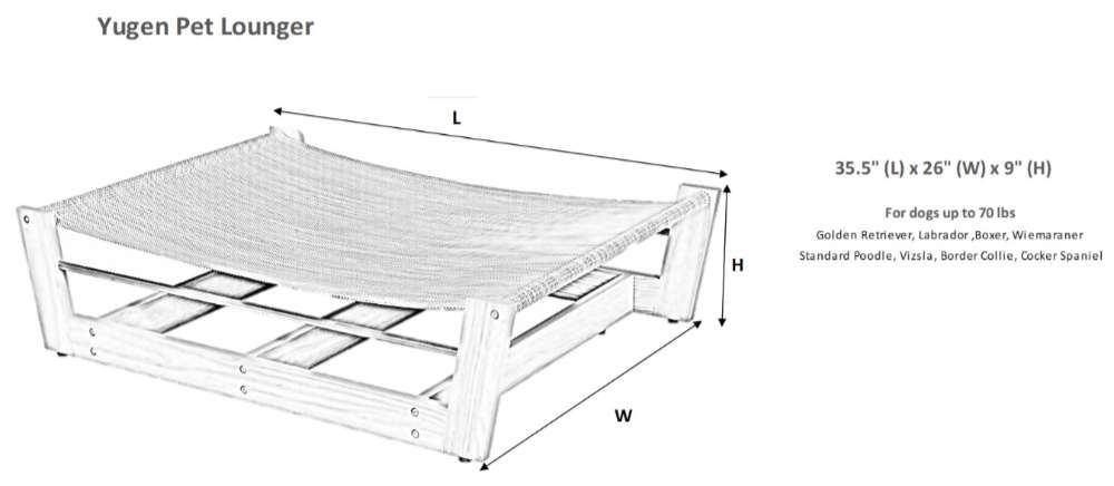 Bowsers Yugen Pet Lounger White Oak features a sturdy rectangular design with a suspended fabric center and dimensions suited for medium to large dogs