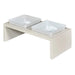 Bowsers Fresco Double Wood Feeder, a contemporary pet feeding station with a minimalist design and two white bowls on a beige platform
