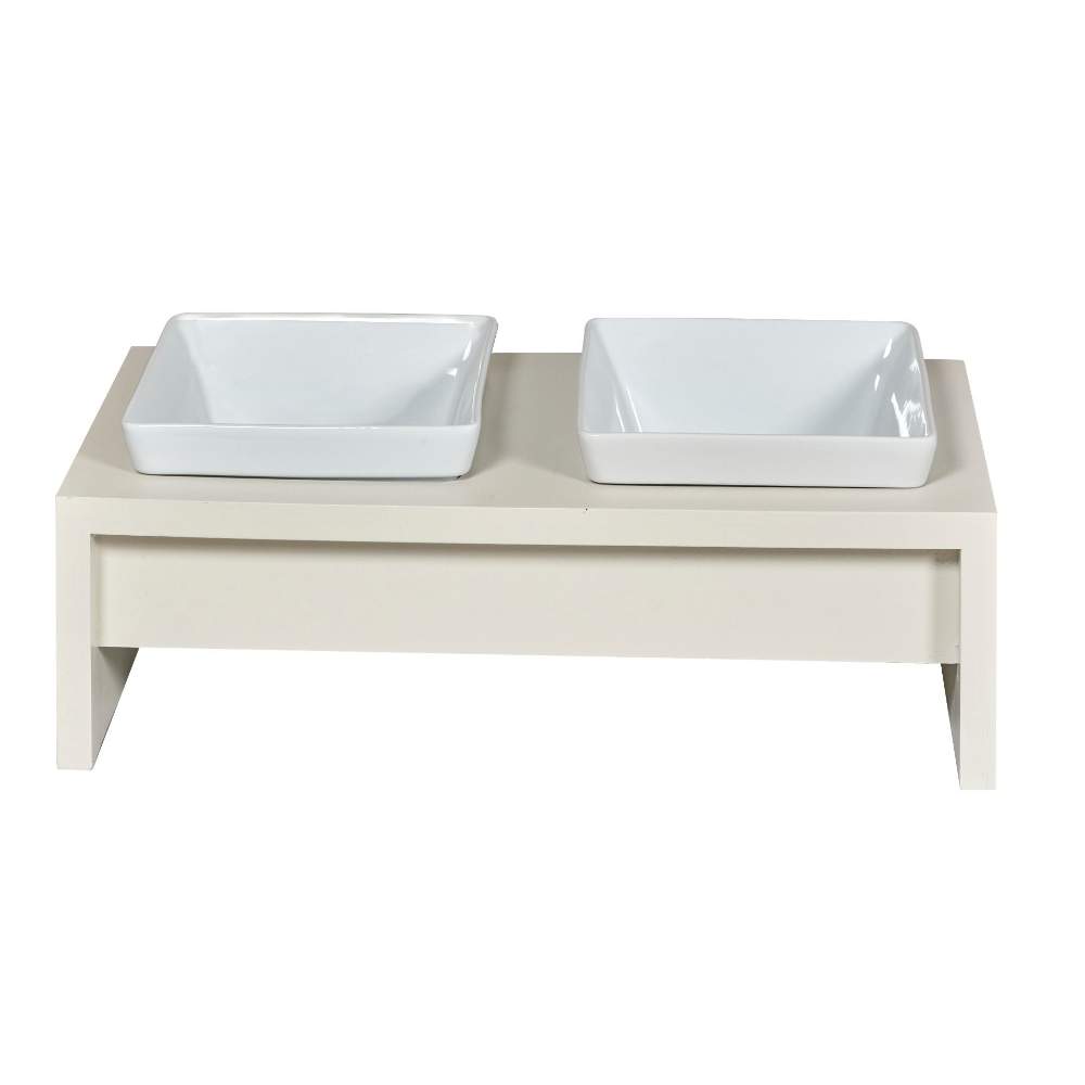 Bowsers Fresco Double Wood Feeder, featuring a raised platform with two white square bowls designed for convenient pet feeding