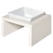 Bowsers Fresco Single Wood Feeder, highlighting its single white bowl and raised beige platform for easy access