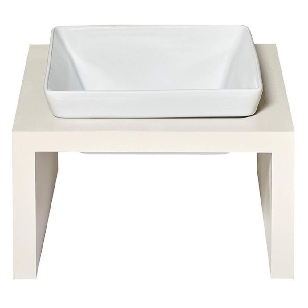 Bowsers Fresco Single Wood Feeder with a single white bowl on a minimalist beige stand, offering a sleek design for pet feeding