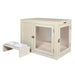 Bowsers Fresco Wood Feeder placed beside a beige pet crate, highlighting its matching aesthetic and practical design