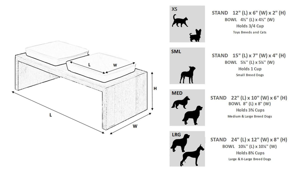 Bowsers Moderno Double Wood Feeder is depicted with a sizing chart, illustrating various sizes (XS, SML, MED, LRG) with dimensions for the stand and bowl capacity