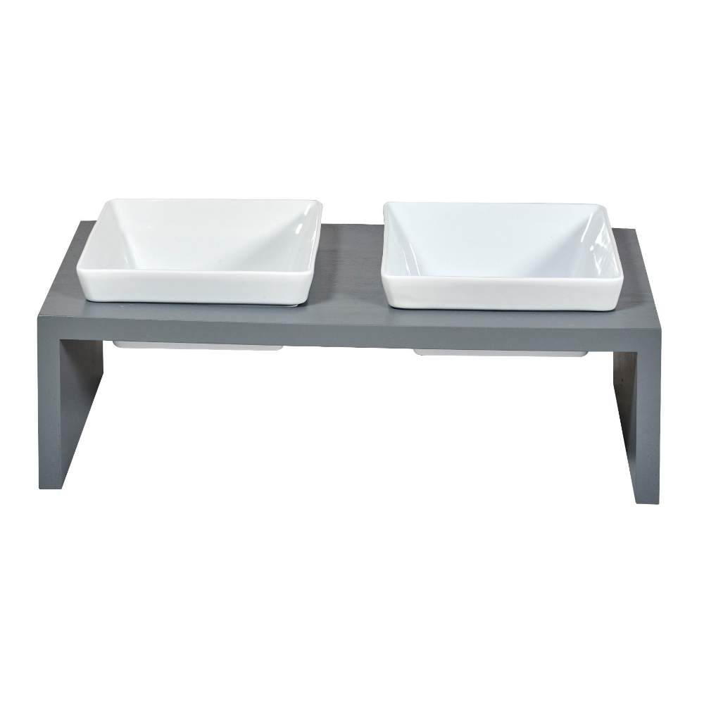 Bowsers Moderno Double Wood Feeder is displayed from the back with two white ceramic bowls placed on a sleek grey wooden platform