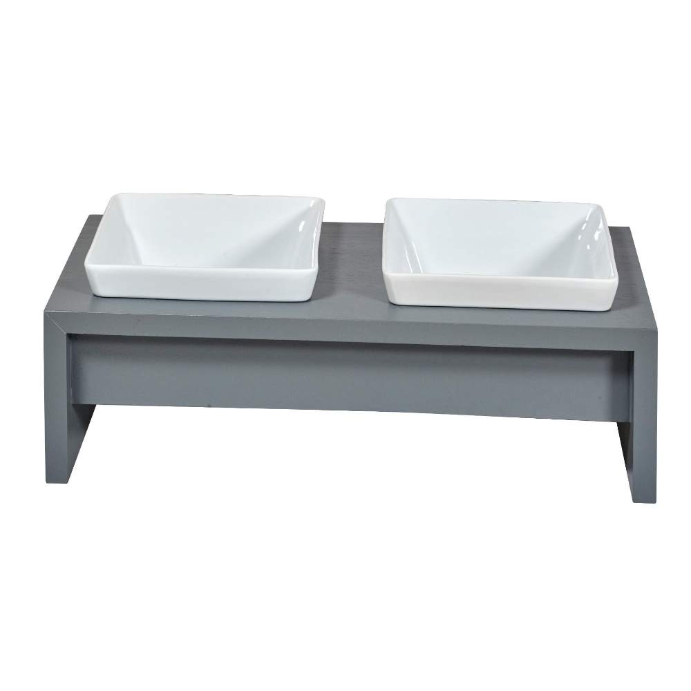 Bowsers Moderno Double Wood Feeder is shown from a front angle, featuring two white ceramic bowls set into a grey wooden stand