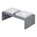 Bowsers Moderno Double Wood Feeder is shown from another angled view with two white ceramic bowls on a grey wooden stand