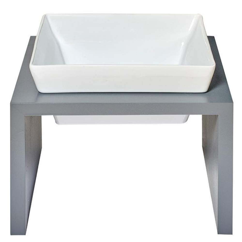 Bowsers Moderno Single Wood Feeder is shown from a front angle with a white ceramic bowl resting on a grey wooden stand