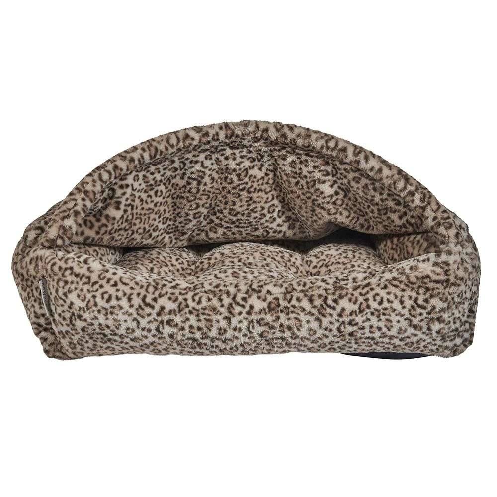 Bowsers Canopy Cozy Dog Bed is displayed in Leopard print with its raised canopy