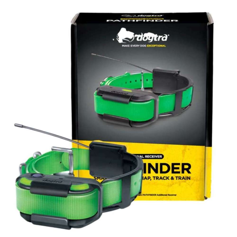 Boxed display of Dogtra Pathfinder2 Extra Receiver Collar with the green collar in front, highlighting its GPS tracking and training features