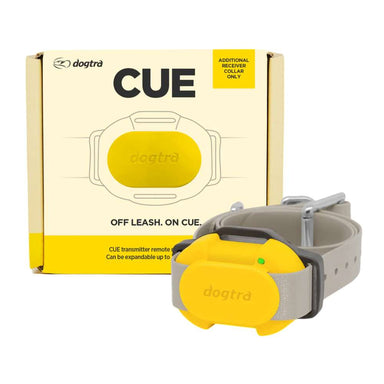 Bright yellow Dogtra CUE Additional Receiver collar shown next to its matching box with bold, high-contrast design