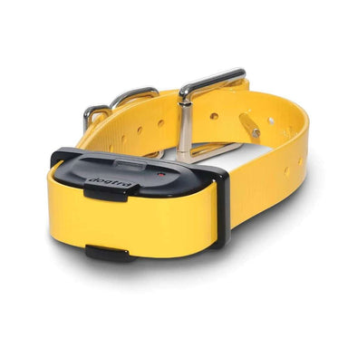 Bright yellow dog training collar with black receiver unit, Dogtra iQ Mini Additional Receiver, featuring an adjustable strap and metal buckle