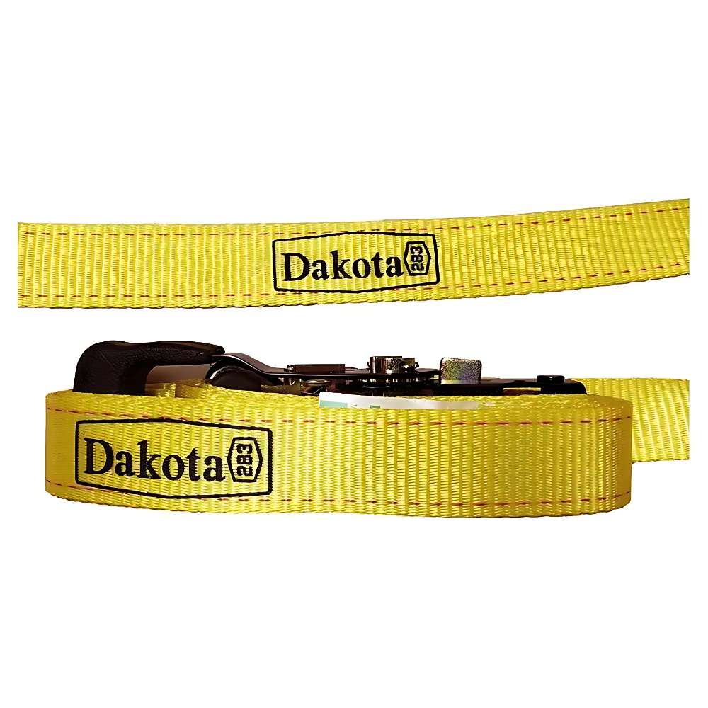 Bright yellow Dakota 283 Ratchet Strap rolled up neatly with the logo printed in black