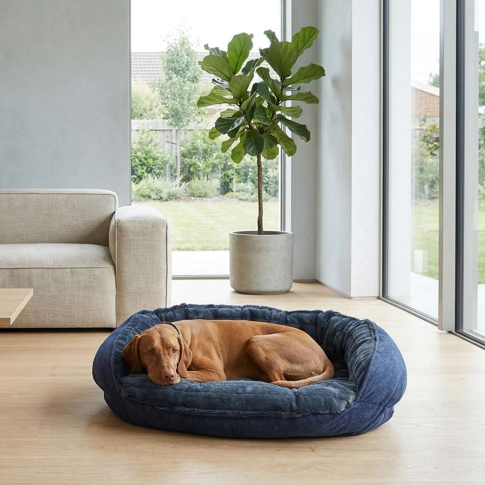 Brown dog relaxes on a plush navy blue Bowsers Crescent Reversible Dog Bed beside large windows in a bright modern living room