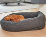 Brown dog rests comfortably inside a fluffy dark gray Bowsers Donut Dog Bed - Platinum Collection on a light wood floor in a stylish living room