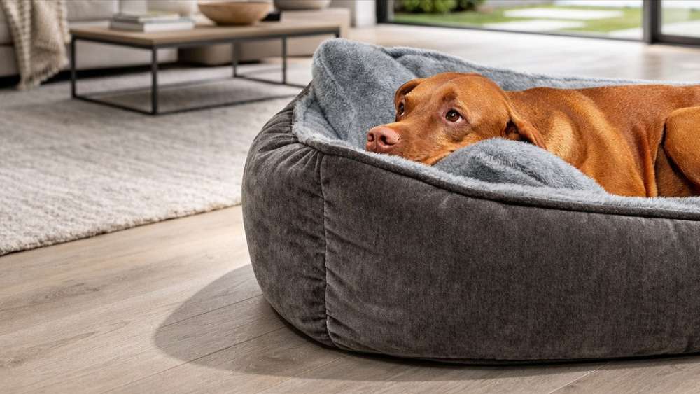 Brown dog rests comfortably inside a plush gray dog bed in a modern living room beside a Bowsers Bumper Bone Pillow