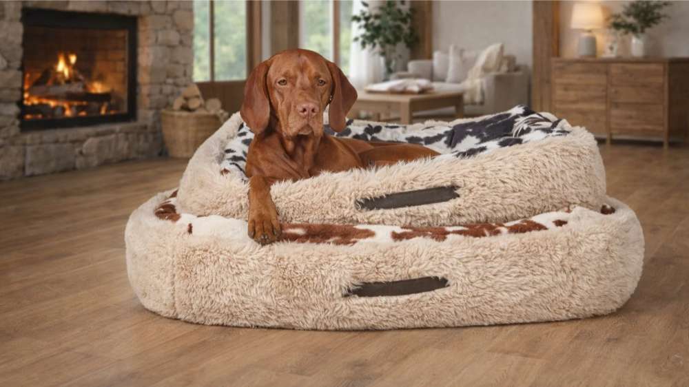 Brown dog rests on a thick, plush, stacked cushion bed in a cozy room with a fireplace, relaxing on Bowsers The Dude Dog Bed