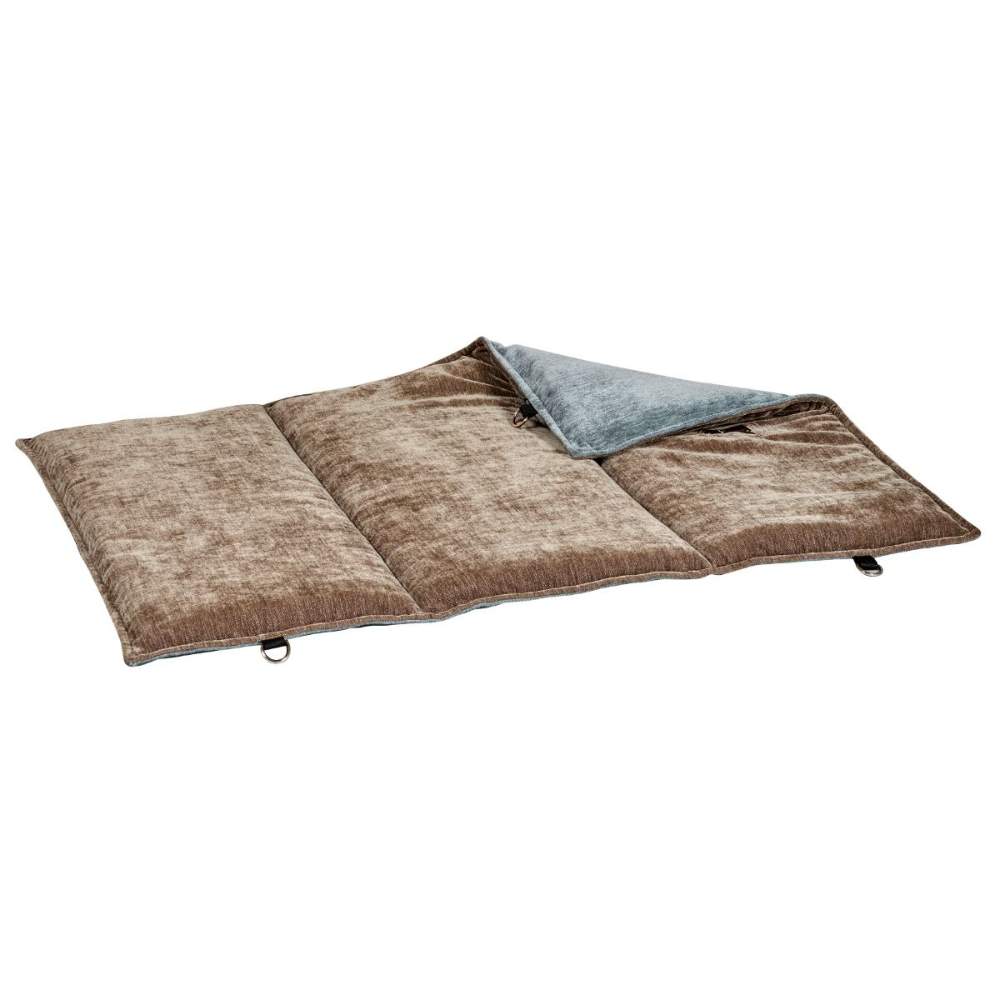Brown, segmented bottom of mineral Bowsers Yugen Reversible Pad with a plush, blue interior and fold-over flap