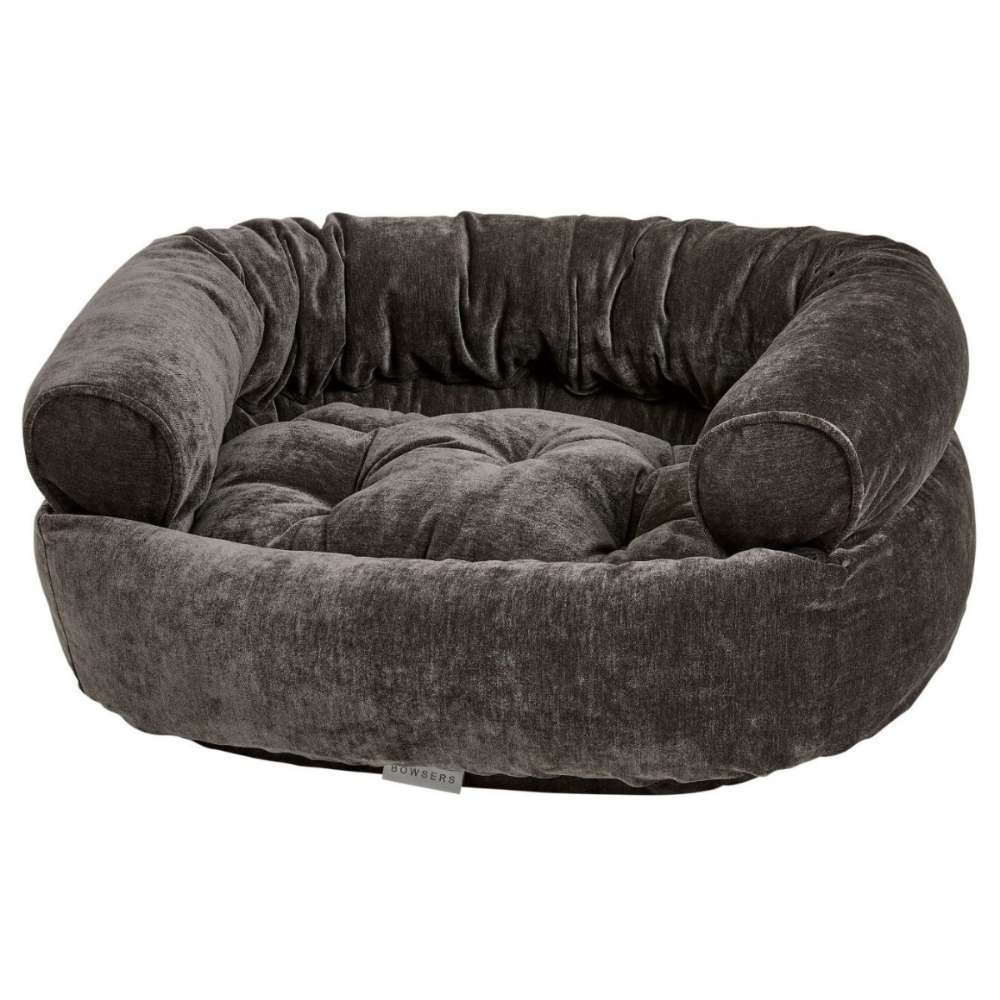 Carbon Bowsers Double Donut Bed in dark charcoal velvet with a plush donut-shaped design for comfortable pet lounging