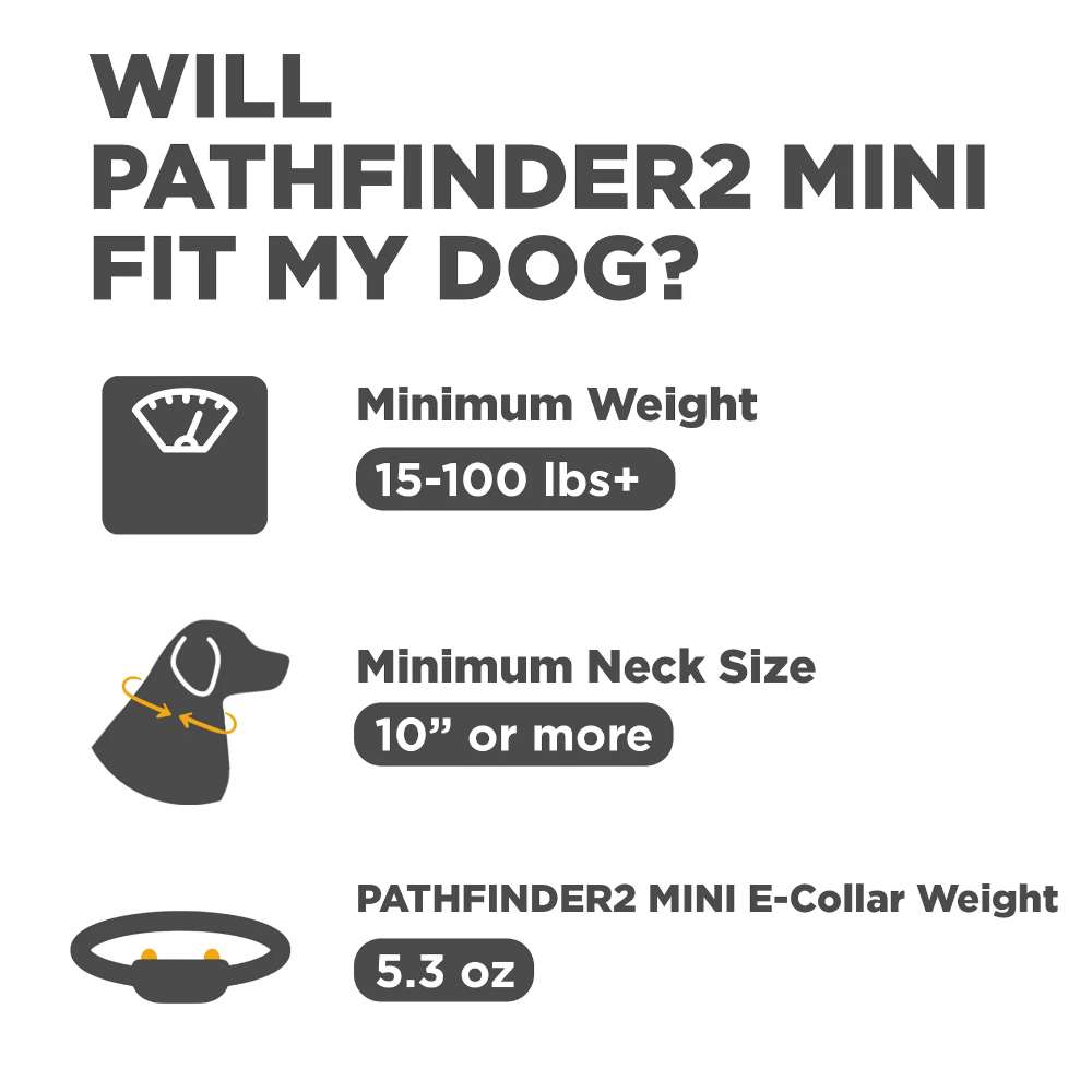 Chart explains size and weight requirements for dogs using Dogtra Pathfinder2 Mini GPS E-Collar, including minimum neck size and weight