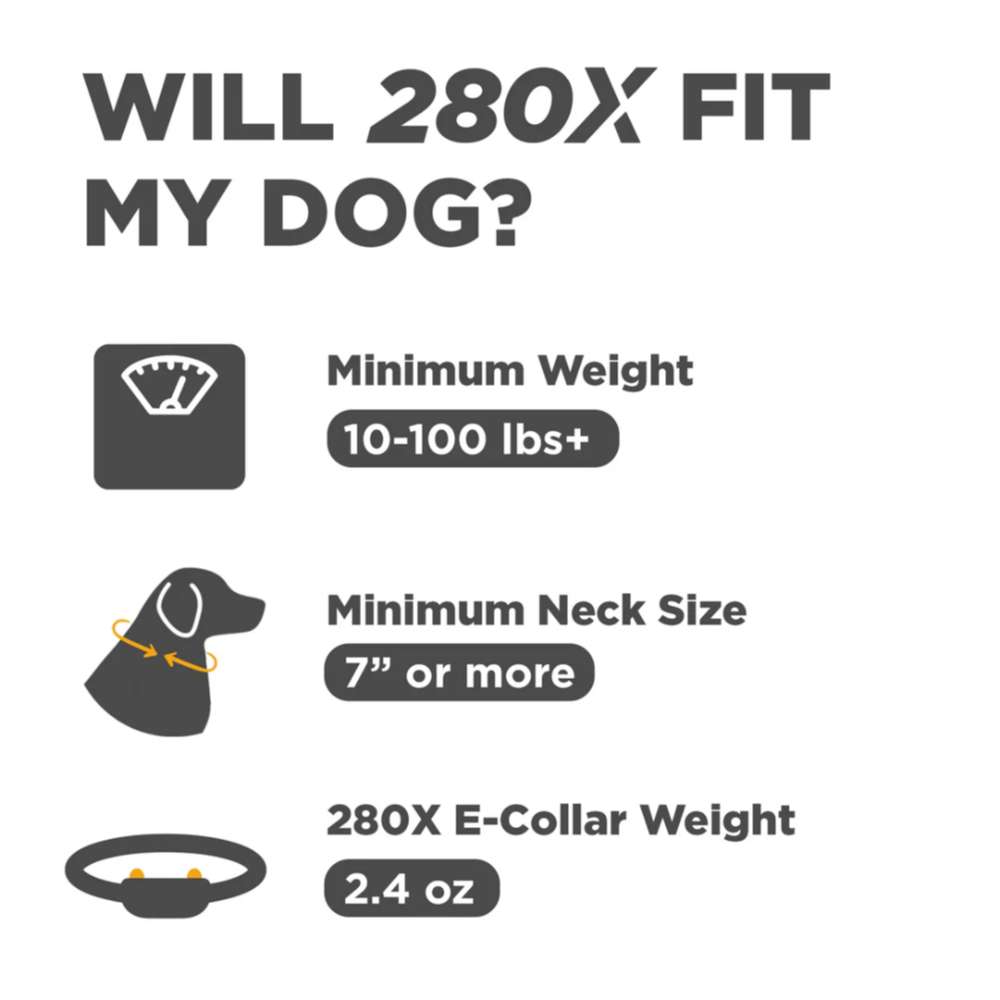 Chart shows Dogtra 280X/200iQ Additional Receiver fits dogs 10 lbs or more, with neck sizes 7 inches and up, and weighs 2.4 ounces