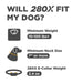 Chart shows Dogtra 280X/200iQ Additional Receiver fits dogs 10 lbs or more, with neck sizes 7 inches and up, and weighs 2.4 ounces