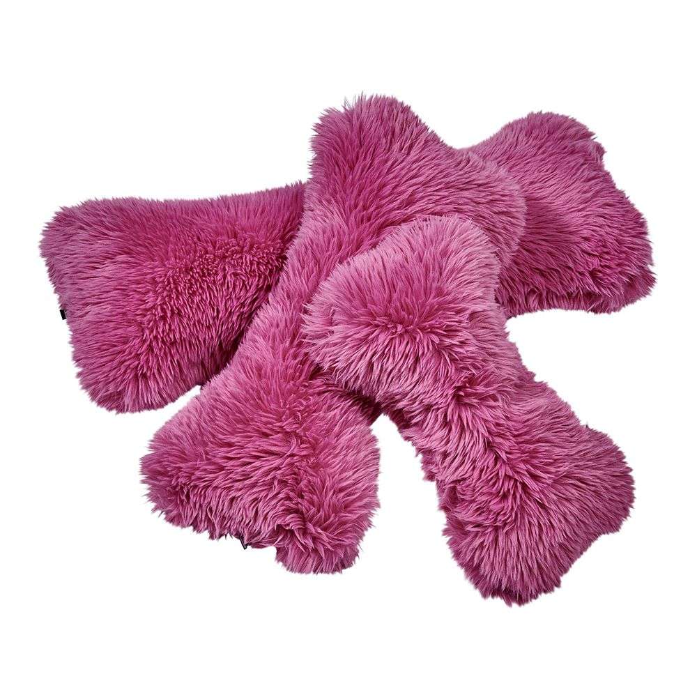Cherry Blossom Bowsers Bumper Bone Pillow pink furry bone-shaped dog toys arranged in a playful pile