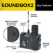 Close-up diagram shows Dogtra Soundbox2 Dog Training Tool with labeled parts like the antenna, horn, power button, charging port, and speaker jack