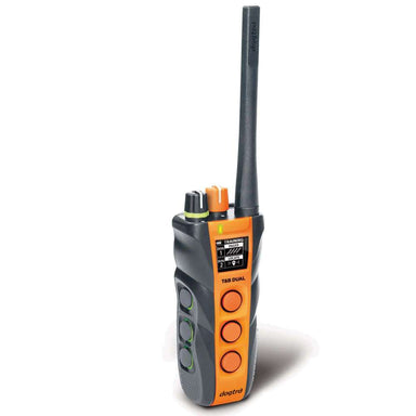 Close-up of Dogtra Train/Beep 1.5 Mile 2 Dog Remote Trainer remote shows its antenna, buttons, and OLED screen